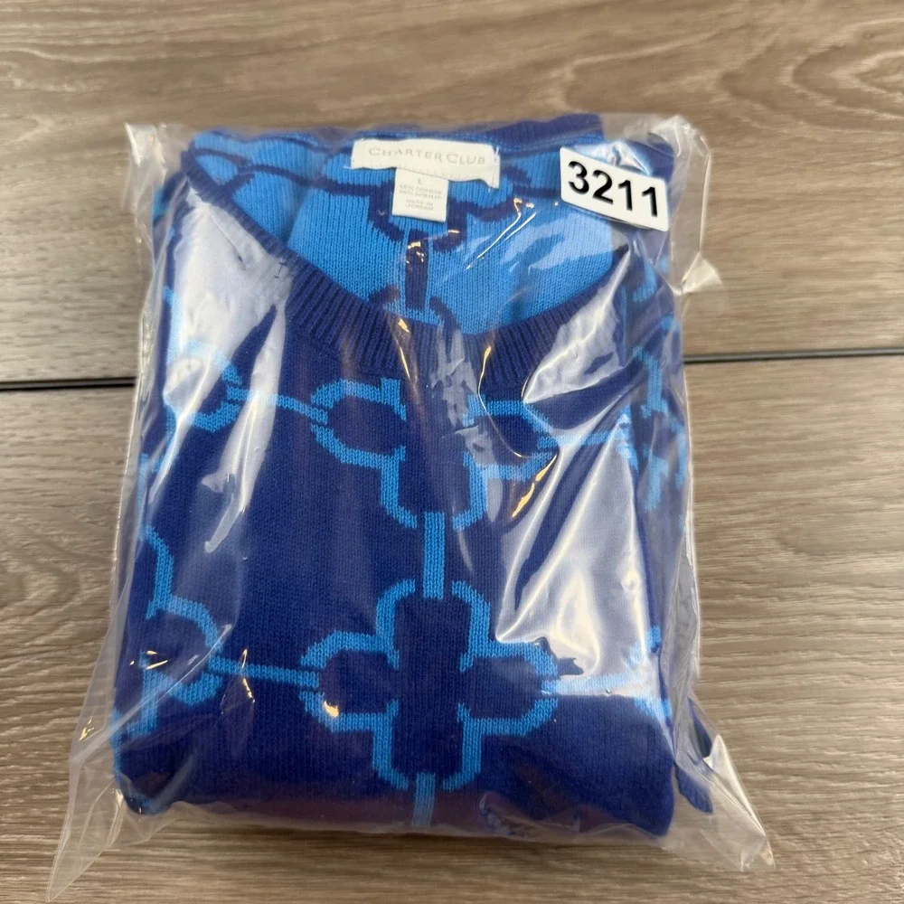 Charter Club Womens Sweater Jacquard Quatrefoil Lapis Blue L